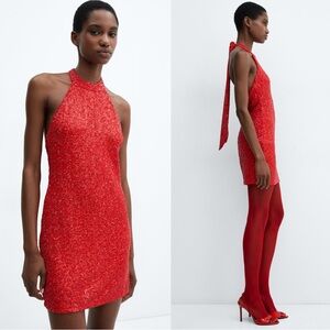 MNG Mango Sequin High Neck Halter Tie Open Back Mini Dress Red 8